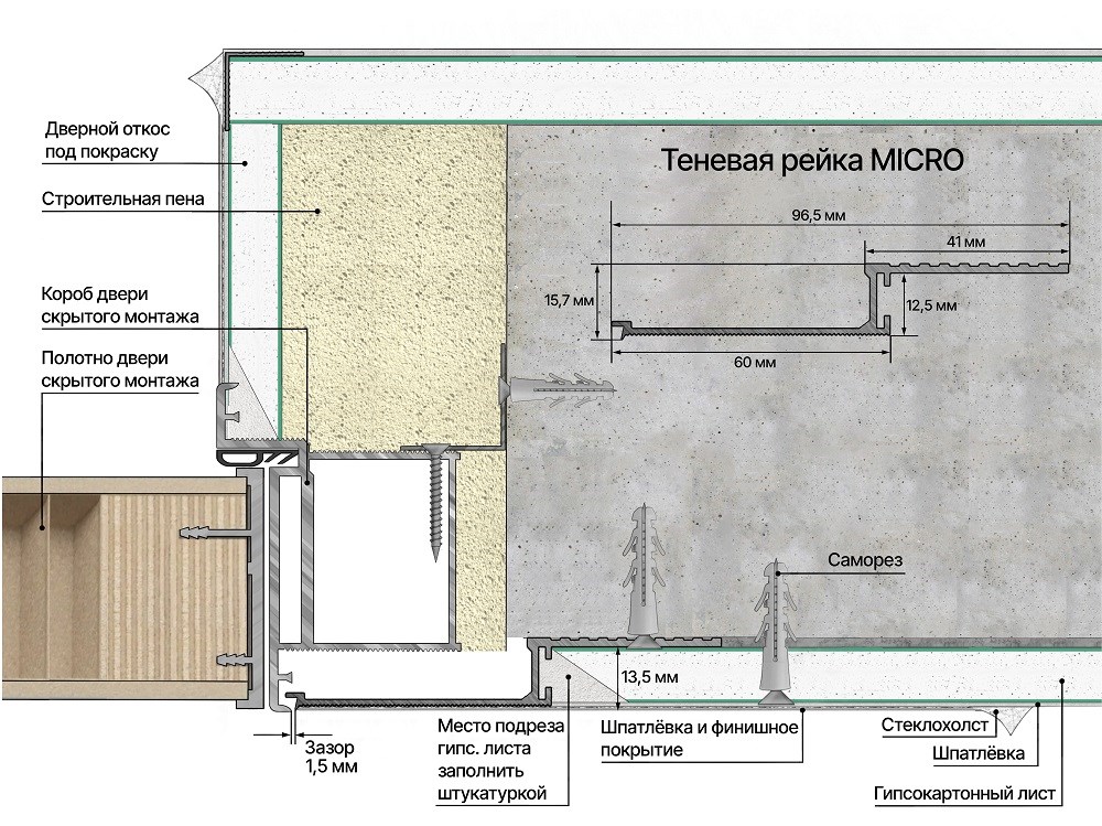 Изображение товара Теневая рейка micro 1М (скрытый наличник) Laconistiq Серебристый МУАР RAL9006 (краска только на лиц. части), (96,5*15,7*1000мм)