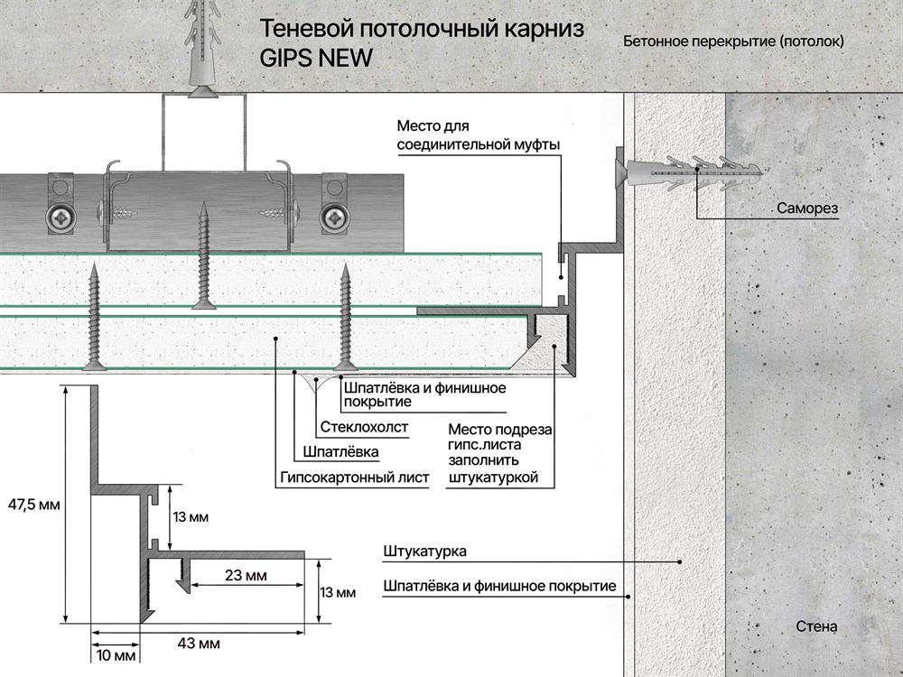 Изображение товара Теневой профиль потолочный GIPS REGULAR, БЕЗ ПОКРЫТИЯ, размер (47,5*43*3000мм) отступ 10мм